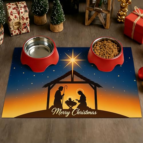 HOMETITUTE Christmas Nativity Scene Pet Food Mats Jesus Birth Design Non-Slip Pet Feeding Mat Easy Clean Fast Dry Mat for Dog Food and Water Bowls 20" x 12"Christmas Absorbent Pets Bowl Mat - color: black