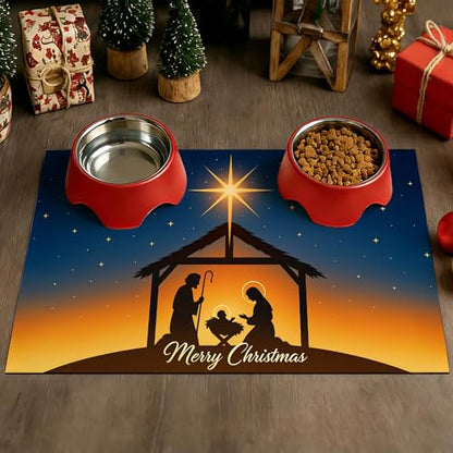 HOMETITUTE Christmas Nativity Scene Pet Food Mats Jesus Birth Design Non-Slip Pet Feeding Mat Easy Clean Fast Dry Mat for Dog Food and Water Bowls 20" x 12"Christmas Absorbent Pets Bowl Mat - color: black