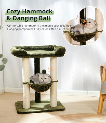 Happi N Pets 28" Cat Tree, Large Bed for Big Cats, Small Cat Tower with Soft Perch for Window Viewing, Stable Cat Tree Tower, Cat Scratching Post with Hammock, Removable Cover-Green - color: Olive Green