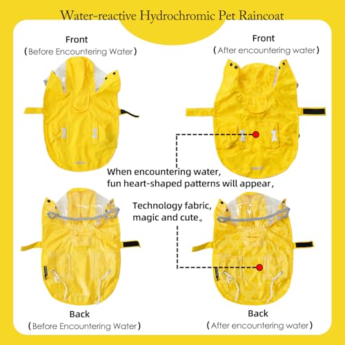 Dog Raincoat,Waterproof Rain Poncho with Hoodie, High Reflective Adjustable Pet Rain Jacket with Leash Hole for Small Medium and Large Dogs (Yellow(Water-Reactive Hydrochromic), X-Small: 4-9lbs) - color: Yellow(Water-reactive Hydrochromic), size: X-Small:
