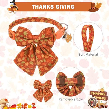SCENEREAL Fall Cat Collar with Bell & Stylish Bowtie, Turkey Maple Leaf Pattern Breakaway Cat Collars Accessories for Boy Girl Small Cats, Holiday Thanksgiving Kitten Costumes for Female Male Pets - color: Stylish Bow (Thanksgiving/Fall)