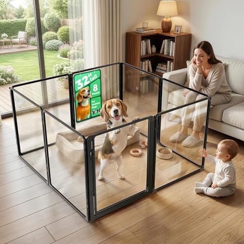 FXW AuraSpace Pro Acrylic Indoor Dog Playpen, Heavy-Duty with Metal Frame, 32" Height 8 Panels for Small and Medium Dogs, Black│Patented - color: Black, size: 32"H