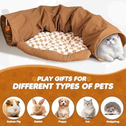 Spardar Bunny Tunnel Bed, 2-in-1 Collapsible Tunnel Tubes Toys, Washable, with Removable Mat Hideout, Interactive Toys for Rabbits Chinchilla Hedgehog Guinea Pigs Kitty, Khaki - color: Khaki