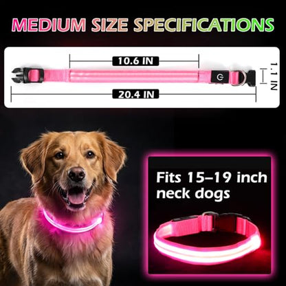 Neon LED Light Up Dog Collar for Night Walking, Rechargeable Safety Glow Illuminated Collar with 3 Modes Flashing, Reflective Adjustable Pet Light for Small/Medium Dogs Puppy 15-19" Neck (Pink) - color: 1-Pack(Pink)&Medium
