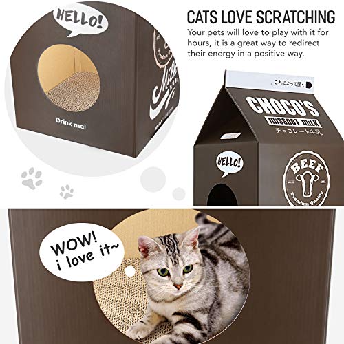 Cardboard Cat House with Scratch Pad, Corrugated Kitten Hideaway Cave, Cute Cats Condos Box, Milk Box Shape Cat Scratching House Bed, Black - color: Black Milk Box