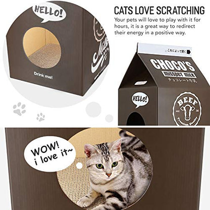 Cardboard Cat House with Scratch Pad, Corrugated Kitten Hideaway Cave, Cute Cats Condos Box, Milk Box Shape Cat Scratching House Bed, Black - color: Black Milk Box