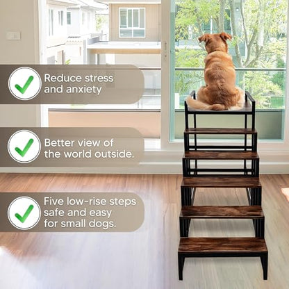 Flip&Catch Dog Window Perch with 5 Step Dog Stairs, Dog Stairs with Storage for High Beds & Couches, Safe & Sturdy Structure for Small and Medium Dogs up to 110 lbs Ideal Window Seat for Dogs with 33"