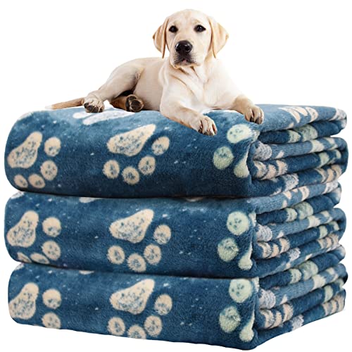 Rezutan 1 Pack 3 Premium Blankets for Large & Medium Dogs - Super Soft Fluffy Pet Blanket Throw for Puppies & Cats, Navy Blue Paw Blanket Suitable for Dog Kennel Crate Bed(41x31 Inch) - color: Navy Blue (Pack of 3), size: Large,41x31inch