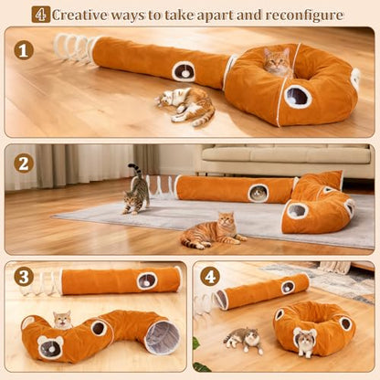 Ownpets 2-in-1 Cat Tunnel, Large Lollipop Shape Cat Tunnel Toy with Fluffy Balls, Spiral Toy, Plush Collapsible Cat Cave Hideout Donut Tunnel for Multi Kitten Puppy Rabbit (Orange) - color: Orange