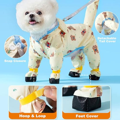 Junchl Small Dog Raincoat Rainboots with D-Ring, Full Coverage Dog Rain Jacket Slicker Poncho, Waterproof Dog Rain Jacket with Reflective Strip, Rainboot, Tail Cover Blue Bear XS - color: Blue Bear, size: XS:Back 8"(1-2lb)