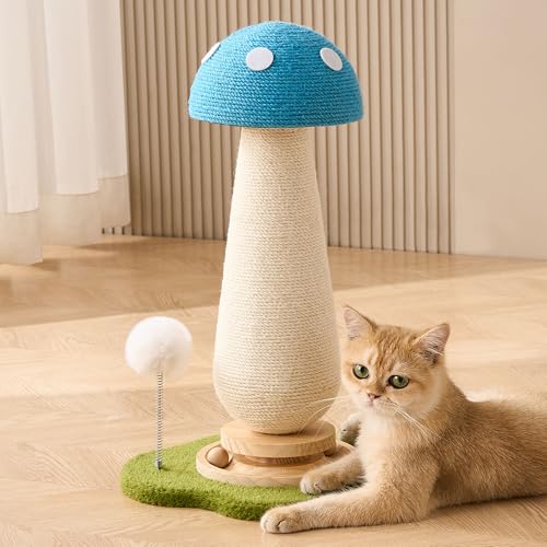 Mushroom Cat Scratching Post Cat Tree, 21.5‘’ H Cute Cat Scratcher Tower with Durable Solid Wood Turntable Toy, Mushroom Scratch Post Cat Sisal Scratcher with Catnip for Indoor Adult Cats-Blue - color: Blue Mushroom
