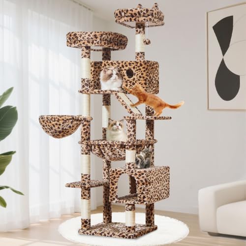 Taoqimiao Cat Tree 71-Inch, Cat Tower for Indoor Cats Large Adult, Multi-Level Large Cat Condo, 8 Sisal Scratching Posts, Metal Frame Cozy Hammock, Scratch Board, 2 Top Perches, Leopard Print MS026LBW - color: Leopard Print, size: 71 Inches
