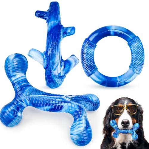 Furdog 3Pack Dog Toys for Aggressive Chewers Dog Chew Toy Tough Dog Toys to Keep Them Busy Bacon Flavor Teething Chew Toys & Dental Health for Large Medium Small Breeds (Blue) - color: Blue