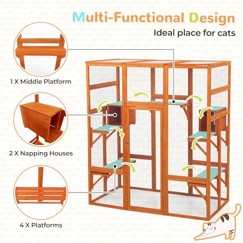 COZIWOW Large Wooden Cat Cage with Perche and Condo, Play Run Enclosure Indoor Kitty Window Kennel with Waterproof Roof&Safety Lock, 7 Platforms & 2 Resting Box, 62.4"L x 32.4"W x 70"H, Deep Orange
