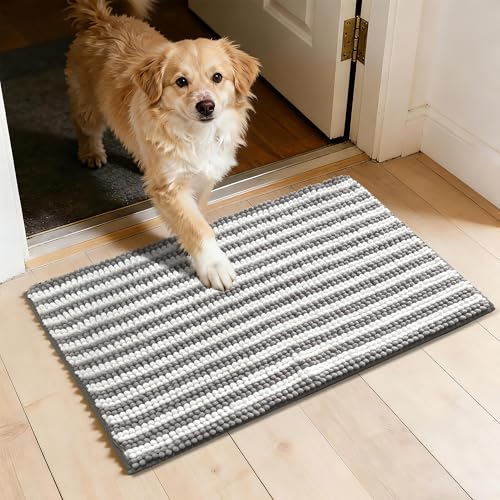 Dog Door Mat for Muddy Paws - Absorbent Quick-Dry Non-Slip Washable Chenille Pet Rug, Indoor Entryway Mat for Front Door & Crate (Gray, 34" L*23" W) - color: Gray, size: 34"L*23"W
