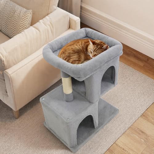 Tangkula Small Cat Tree for Indoor Cats, 25.5 Inch Cat Tower with Sisal Scratching Posts, 2 Large Cat Condos with Padded Top Perch, Modern Cat Climbing Furniture for Adult Cats & Kittens (Light Gray) - color: Light Gray
