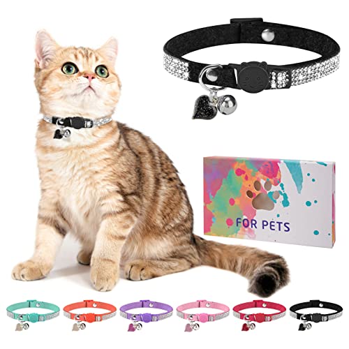 Rhinestone Cat Collar Breakaway with Bell, Diamond Cat Collar with Safety Buckle Quick Release for Girl Boy Small Kitten Pets Puppy,Cute Soft Female Male Cat Collars, Color Black 7-9" - color: Black (1 Pack), size: 7"-9" For Cats