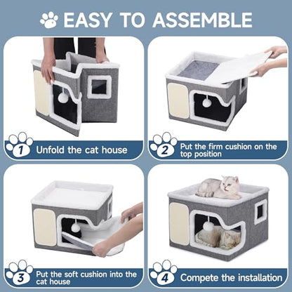 Cat Beds for Indoor Cats, Large Cat Cave with Cozy Hideout, Scratch Pad, Fluffy Ball Hanging, Foldable Cat Hideaway Hold Up to 30LBS, Indoor Cat House with Reversible Soft Cushions for All Seasons - size: Single