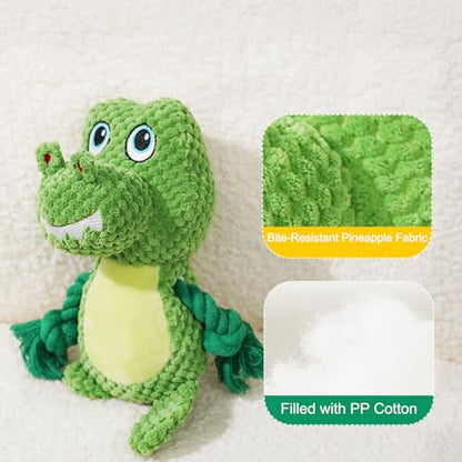 Cute Animals Interactive Squeaky Dog Toy with a Vocal Bladder, Crinkle Paper Stuffed Soft Cotton Chew Toy, Teething Rope Tug of War Pull Toy to Keep Them Busy for Puppy, Small Dogs - Green T.Rex - color: Green T.Rex