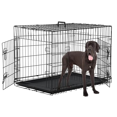 48 Inch Extra Large Dog Crates for Medium Dogs Double-Door Folding XXL Dog Crates for Large Dogs Indoor/Outdoor Dog Cages for Large Dogs Metal Wire Dog Kennel with Plastic Tray and Handle(Black) - color: Black, size: 48.0"L x 29.0"W x 32.0"H