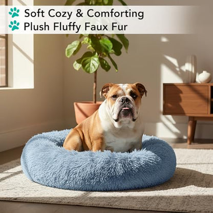 PetAmi Calming Dog Bed for Small & Medium Dogs and Cats, 30 Round Donut Dog Bed, Washable Fluffy Faux Fur Puppy & Cat Bed, Anti-Anxiety Plush Cuddler Pet Bed with Anti-Slip Bottom - Blue - color: Dusty Blue, size: Medium - 30"