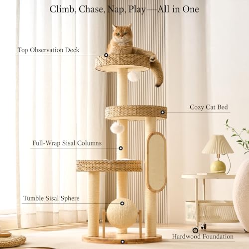 797Audio Wood Modern Cat Tree for Large Cat, 47" Tall Cat Tower with Scratching Posts, Cat Beds, Aesthetic Multi-Level Cat Climbing Tree with Hand-Woven Bed for Adult Indoor Cats - color: 47 Inch-Woven