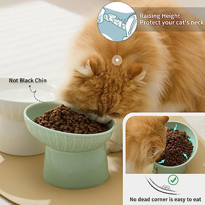 6.5 Inch Extra Wide Elevated Cat Bowls, Ceramic Raised Tilted Cat Bowl for Food and Water, Porcelain Pet Feeder Dishes for Cats & Dogs, Whisker Fatigue, White & Green - color: White & Green