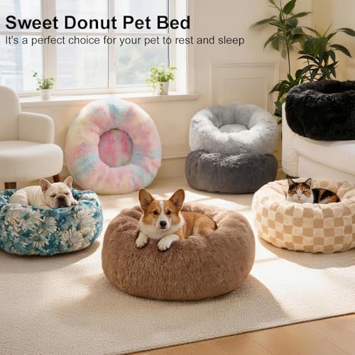 Dog Calming Beds for Small Medium Dogs - Round Donut Washable Dog Bed, Anti-Slip Faux Fur Fluffy Donut Cuddler Anxiety Cat Bed(Light Grey 28") - color: Light Gray, size: 28"L x 28"W x 8"Th