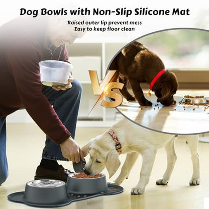 Dog Food Bowls Stainless Steel Dog Food & Water Bowl Set with No Spill No Slip Silicone Mat, Dog Dishes for Small Medium Size Dogs Pet Cat Puppy Food Feeding Bowls, Grey, 24oz, 3 Cup - color: Grey, size: 3 Cup/27 oz each