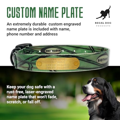Regal Dog Products Medium Green Camo Hunting Dog Collar with Custom Engraved Name Plate and Heavy Duty Black Hardware | Waterproof Personalized Dog Collars | Other Sizes for Small, Medium & Large - size: Medium, style: Green Camouflage