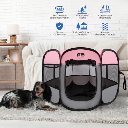 Dog Cat Playpen,Portable Foldable Tent- Pet Outdoor Exercise Crate Cage for Medium Dogs,Travel Camping Use for Small Animals with Carrying Case,Indoor Kennel for Sleeping(Pink,M) - size: Medium