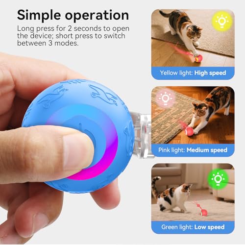 Interactive Cat Toys Ball for Indoor Cats Fast Rolling on Carpet, Chirping & Motion Activate Cat Toys, Slow/Nromal/Fast Mode, ON/Off Sound
