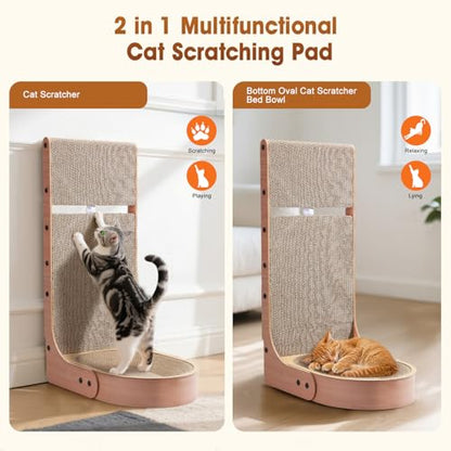 Cat Scratcher, 2 in 1 Multifunctional 26.8 Inch L Shape Cat Scratch Pad Wall Mounted with Oval Cat Scratcher Bed Bowl and Built-in Toy Balls