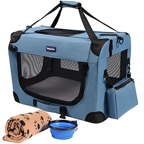 Petprsco Portable Collapsible Dog Crate, Travel Dog Crate 24x17x17 with Soft Warm Blanket and Foldable Bowl for Large Cats & Small Dogs Indoor and Outdoor - color: Blue, size: 24x17x17 Inch