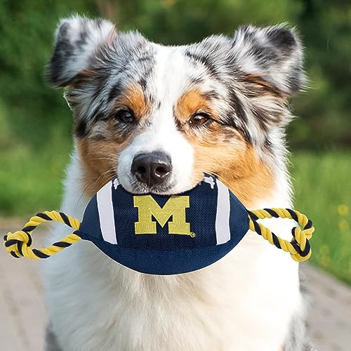 Pets First NCAA Michigan Wolverines Football Dog Toy, Tough Quality Nylon Materials, Strong Pull Ropes, Inner Squeaker, Collegiate Team Color, 1 Count (Pack of 1) - color: Michigan Wolverines