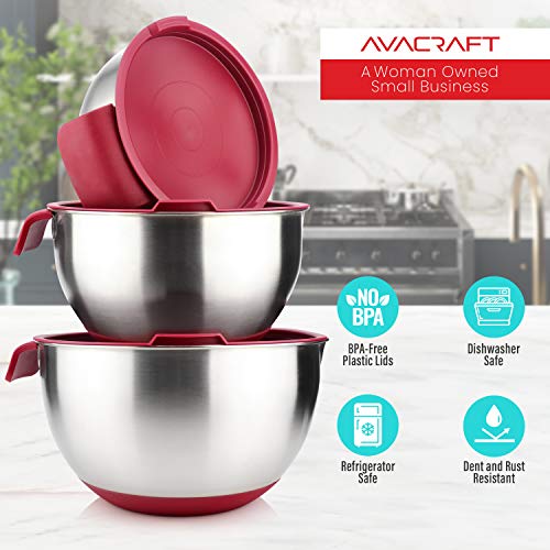 AVACRAFT 18/10 Stainless Steel Mixing Bowls with Lids, non slip silicone base bowls with Handle, Mixing Bowl Set with Pour Spouts & Measurement Marks, Home Essentials Cooking Bowls, (Red) - color: Red