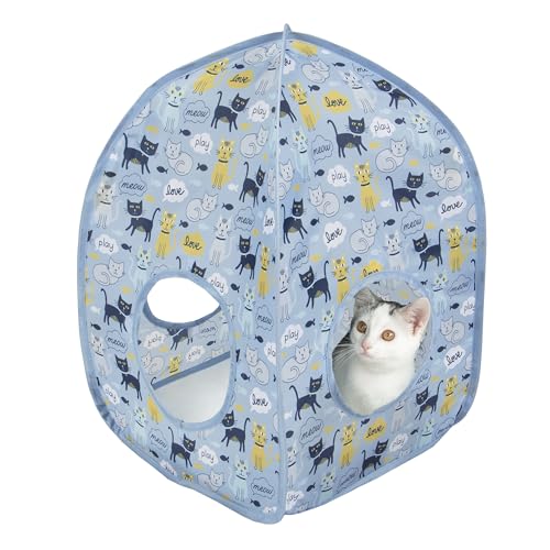 Kitty City Cat Print Pop-Up Cat Play House, Collapsible Indoor Cat Hideout with Peekaboo Openings, Lightweight Foldable Cat Cube for Play & Lounging, Blue - color: I) Cat Print Tent House (Blue)