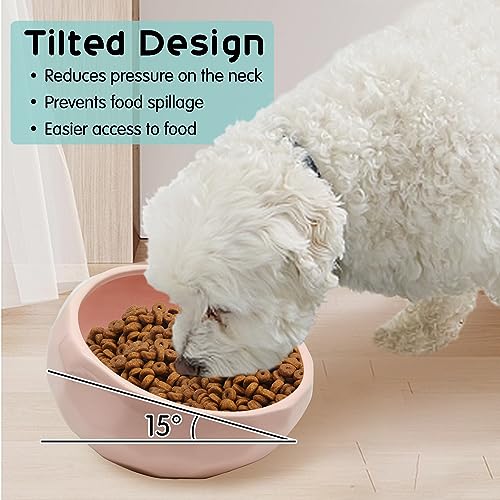 kathson 7'' Ceramic Slanted Dog Bowl Cat Food Water Bowls Dish Tilted 15° Pet Comfort Feeding Bowls Heavy Weighted Feeder for Wet or Dry Food (Pink) - color: Pink
