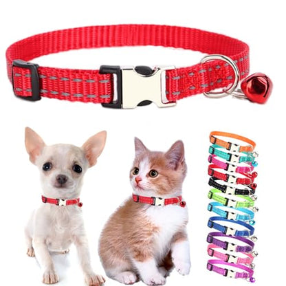 Red Puppy Collar with Bell, Reflective Nylon XS Dog Collars Soft Adjustable Buckle for XXS XSmall Small Dogs Tiny Pets Cats Boy Girl Kitten Yorkie Chihuahua X-Small - color: Red