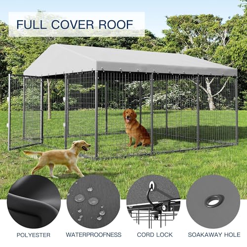 Kullavik 10x10x6 FT Large Outdoor Dog Kennel,Anti-Rust Galvanized Steel Dog Pen with Double Locks,Heavy Duty Dog Enclosure Fence with UV & Water Resistant Roof Cover for Outside - size: 118"L x 118"W x 70.9"H