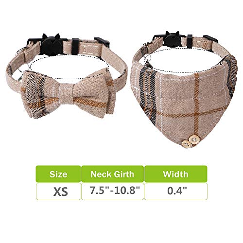Faleela Breakaway Cat Collar with Bells - 2 Pack Cat Collar with Bells, Cat Collars with Bandana, Accessories for Pet Collars, Adjustable for Cats and Small Dogs - color: Brown bow+bandana