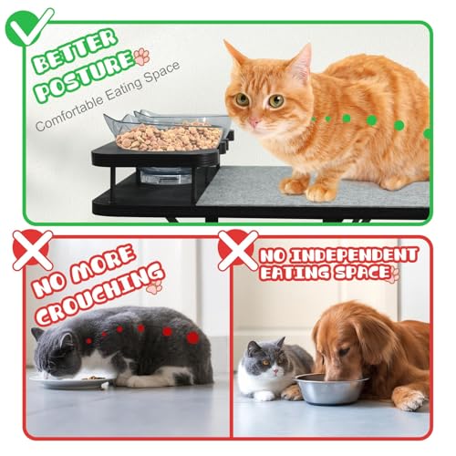 Cat Wall Shelves Furniture Set with 2 Food Bowls, Wooden Cat Climbing Wall Systems with Scratching Pad and 3 Steps, Floating Shelves Bed Perches Wall Mounted for Indoor Fit Up to 15Lbs (Black)