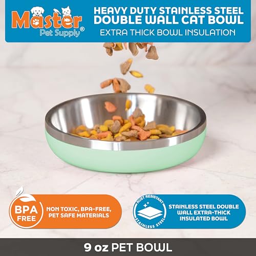 Master Pet Supply Stainless Steel Cat Bowls - 9 oz Heavy Duty - Pistachio, Double Wall Extra-Thick Insulated, Non-Slip Pet Water Bowl for Cats & Pets, Anti Rust Metal, Dishwasher Safe - color: Pistachio
