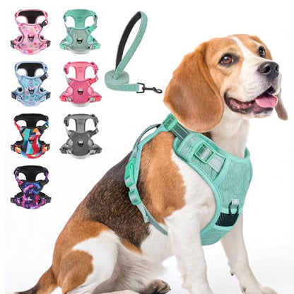 BEAUTYZOO No Pull Dog Harness, Adjustable Dog Harness and Leash Set -Easy Wearing with 3 Buckles/Control Handle,No Choke Soft Padded Reflective Pet Vest for Training Walking Hiking,Solid Aqua Blue M - color: Solid Aqua Blue, size: M: chest 16"-28"