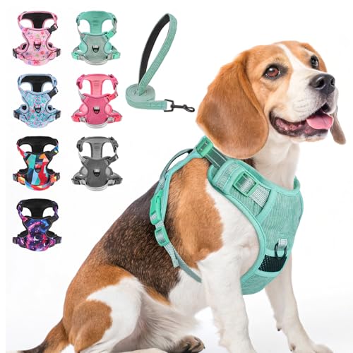 BEAUTYZOO No Pull Dog Harness, Adjustable Dog Harness and Leash Set -Easy Wearing with 3 Buckles/Control Handle,No Choke Soft Padded Reflective Pet Vest for Training Walking Hiking,Solid Aqua Blue M - color: Solid Aqua Blue, size: M: chest 16"-28"