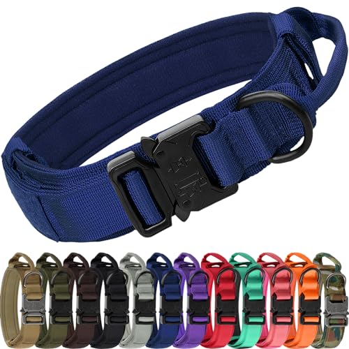 Joytale Tactical Dog Collar with Handle and Metal Buckle, Heavy Duty Padded Military Collar with 2 Patches for Training, Adjustable for Large Dogs, Navyblue, L - color: Navyblue, size: L