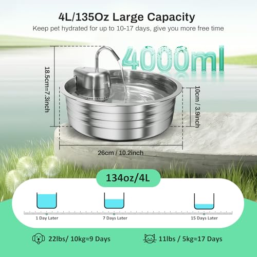 Cat Water Fountain, 4L/135OZ Stainless Steel Pet Fountain Dog Water Dispenser Bowl Cat Drinking Fountains Watering Supplies with Ultra-Quiet Pump for Cats, Dogs, Multiple Pets Indoor