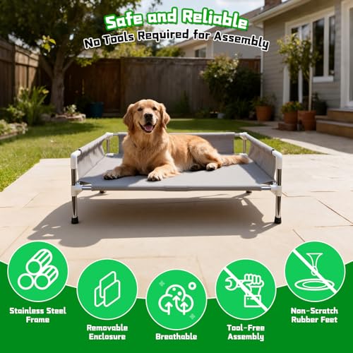 Makerfire Elevated Dog Bed, Raised Dog Sofa Bed for Medium Dogs, Detachable Cooling Indoor/Outdoor Pet Cot with Non-Slip Feet, Polyester Cotton (33''L x 26.5''W x 11.6''H) - color: Grey-M+ (33'' L x 26.5'' W x 11.6" H)
