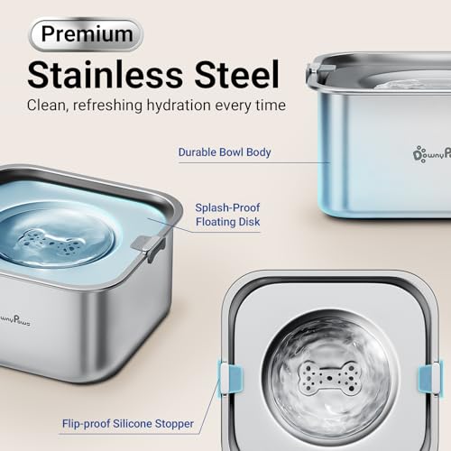 DownyPaws No Spill Water Bowl for Dogs,101oz/3L Stainless Steel Slobber Stopper, No Drip Slow Drinking Dog Water Bowl, No Mess Dog Water Dispenser Spill Proof, Dishwasher Safe, Silver - color: Silver New