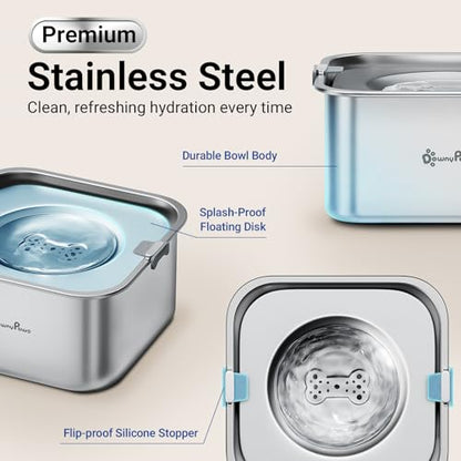DownyPaws No Spill Water Bowl for Dogs,101oz/3L Stainless Steel Slobber Stopper, No Drip Slow Drinking Dog Water Bowl, No Mess Dog Water Dispenser Spill Proof, Dishwasher Safe, Silver - color: Silver New